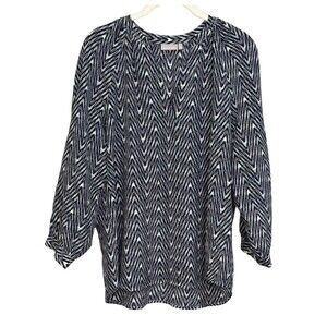 Ellie Kai Blue White Pattern Silk Long Sleeve Blouse Size 10
